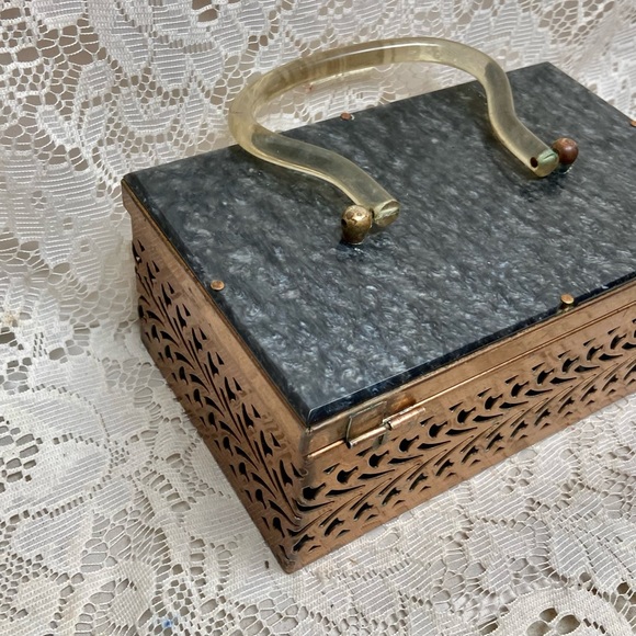 Vintage, Pierced Copper Tone Metal and Gray Lucite Boxy Purse- 8in x4.5 x 3.5in - Picture 11 of 12